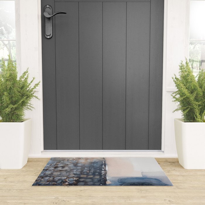 Navy, Brown  Beige Abstract Watercolor Welcome Mat Gallery Image 3