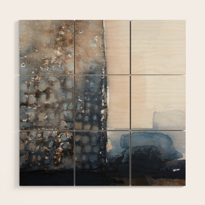 Navy, Brown  Beige Abstract Watercolor Wood Wall Art Gallery Image 1