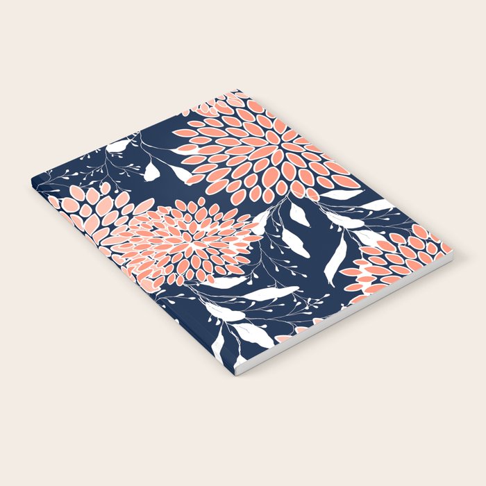 Floral Blooms and Leaves, Navy, Coral and White Notebook Gallery Image 2