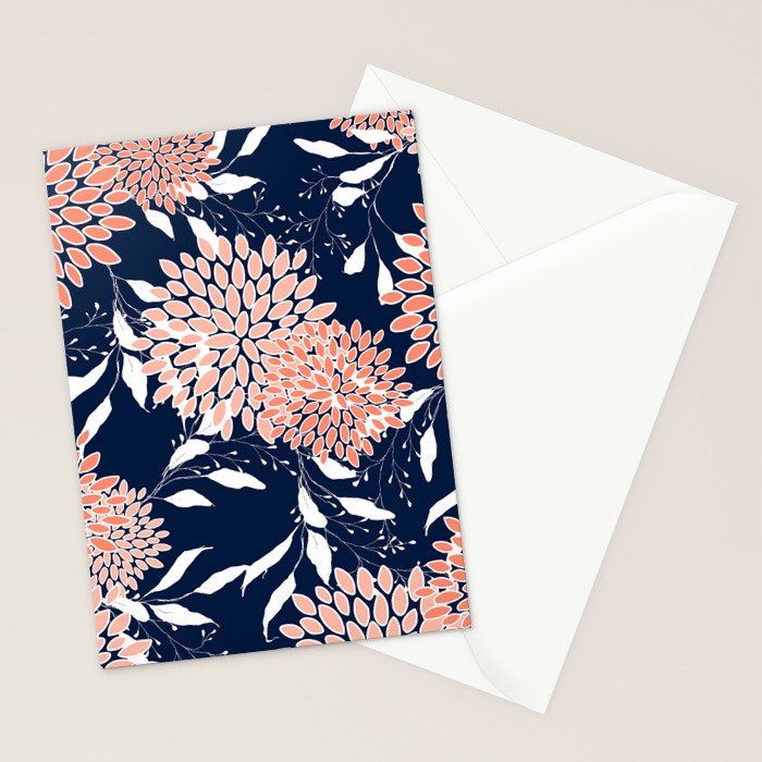 Floral Blooms and Leaves, Navy, Coral and White Stationery Card Gallery Image 2