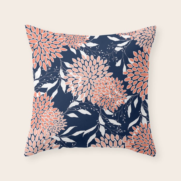 Floral Blooms and Leaves, Navy, Coral and White Throw Pillow Gallery Image 6