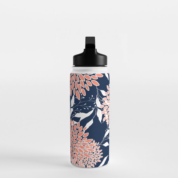 Floral Blooms and Leaves, Navy, Coral and White Water Bottle Gallery Image 3