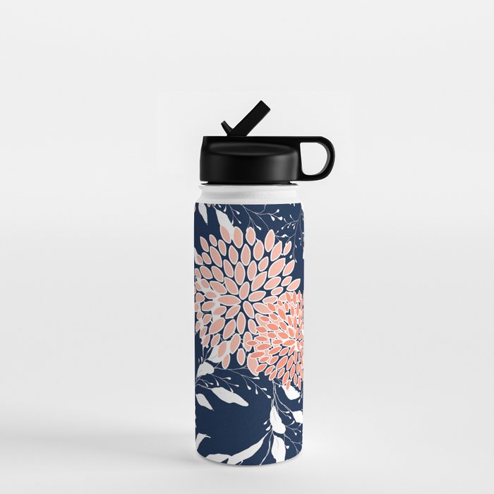 Floral Blooms and Leaves, Navy, Coral and White Water Bottle Gallery Image 1