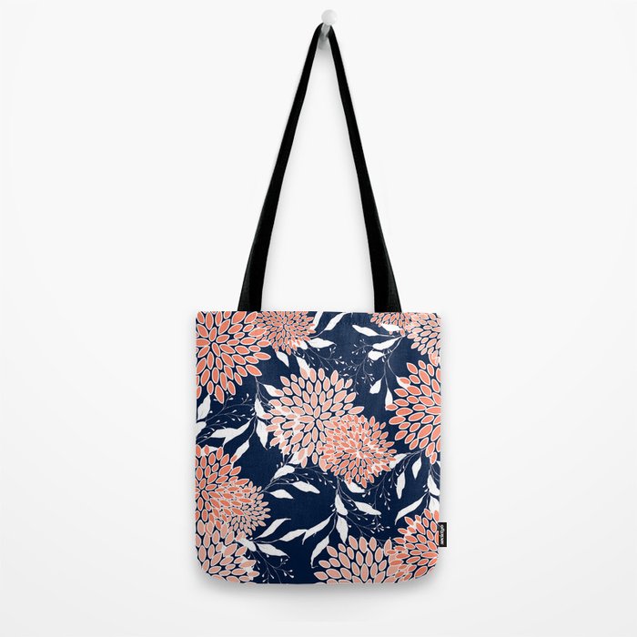 Floral Blooms and Leaves, Navy, Coral and White Tote Bag Gallery Image 2
