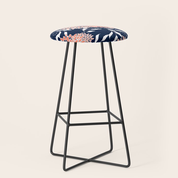 Floral Blooms and Leaves, Navy, Coral and White Stool Gallery Image 1