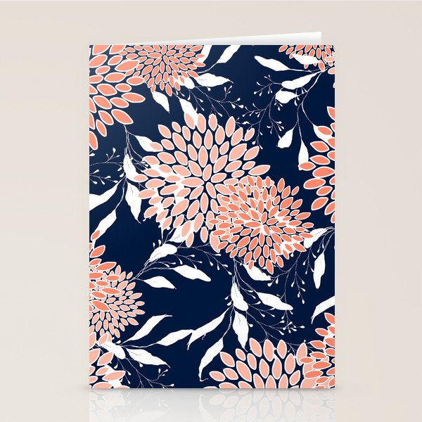 Floral Blooms and Leaves, Navy, Coral and White Stationery Card Gallery Image 2