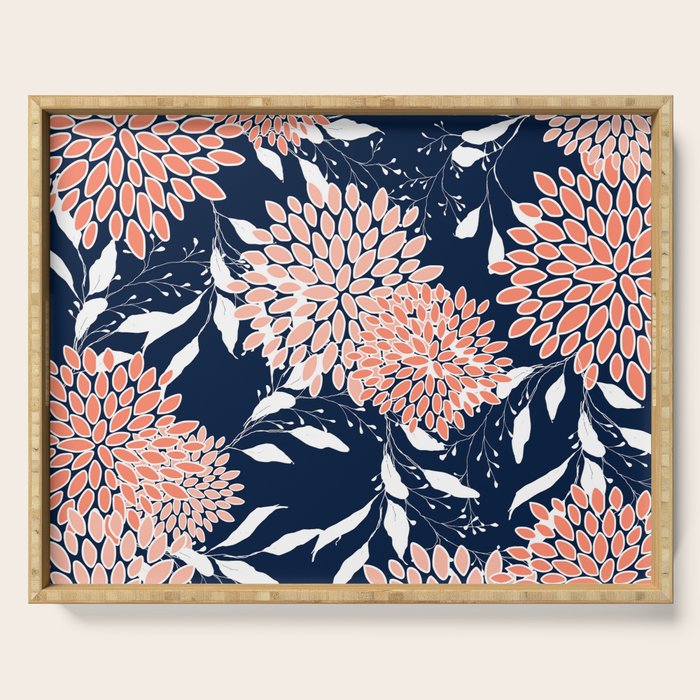 Floral Blooms and Leaves, Navy, Coral and White Serving Tray Gallery Image 1