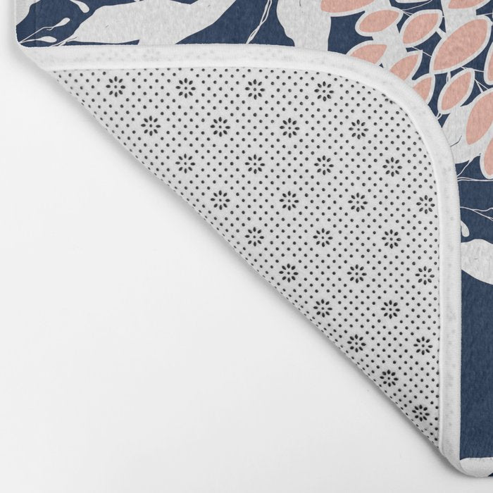 Floral Blooms and Leaves, Navy, Coral and White Bath Mat Gallery Image 2