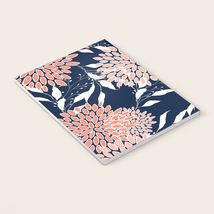 Floral Blooms and Leaves, Navy, Coral and White Notebook Gallery Image 3