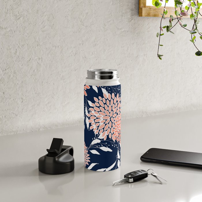 Floral Blooms and Leaves, Navy, Coral and White Water Bottle Gallery Image 4