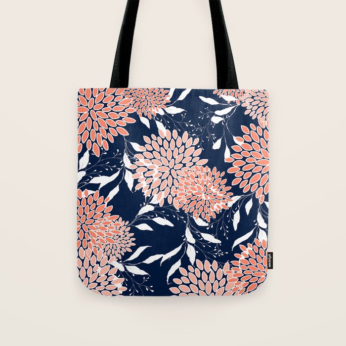 Floral Blooms and Leaves, Navy, Coral and White Tote Bag Gallery Image 1