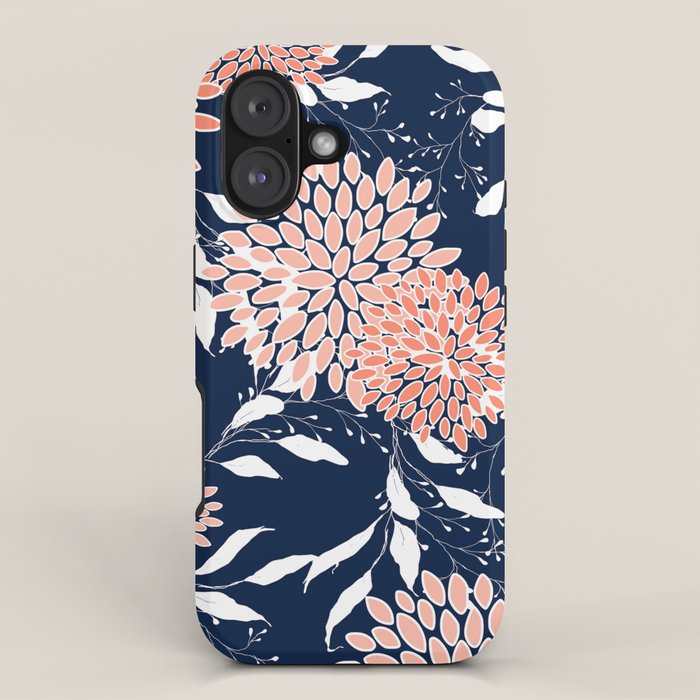 Floral Blooms and Leaves, Navy, Coral and White iPhone Case Gallery Image 1