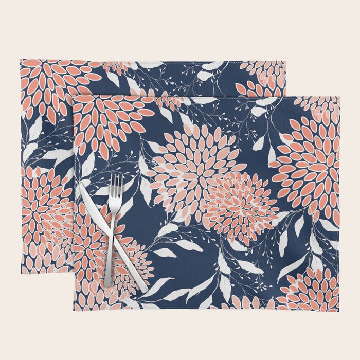 Floral Blooms and Leaves, Navy, Coral and White Placemat Gallery Image 1