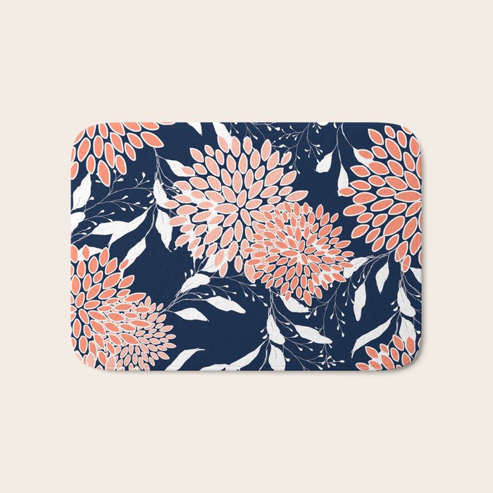 Floral Blooms and Leaves, Navy, Coral and White Bath Mat Gallery Image 1