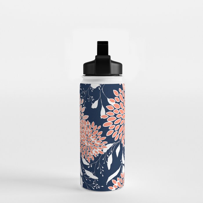 Floral Blooms and Leaves, Navy, Coral and White Water Bottle Gallery Image 2