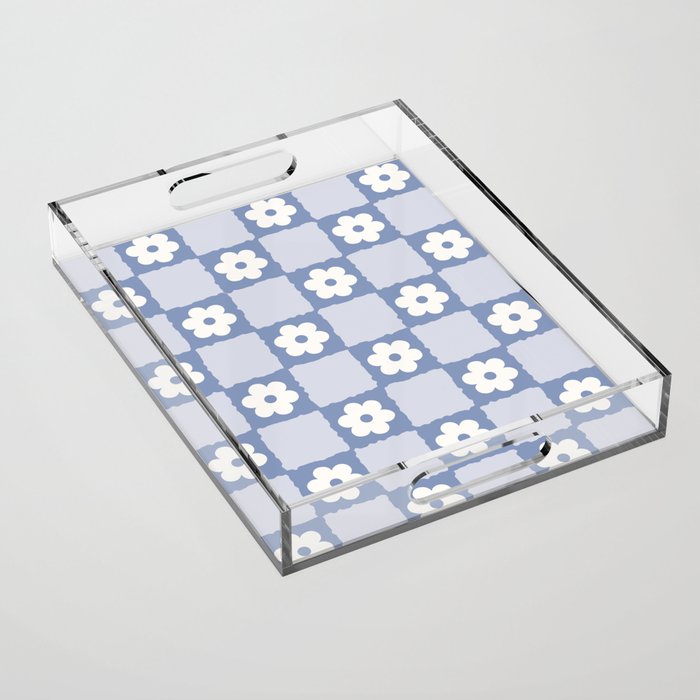 Retro Daisy Flower Checker in Blue  Acrylic Tray Gallery Image 1