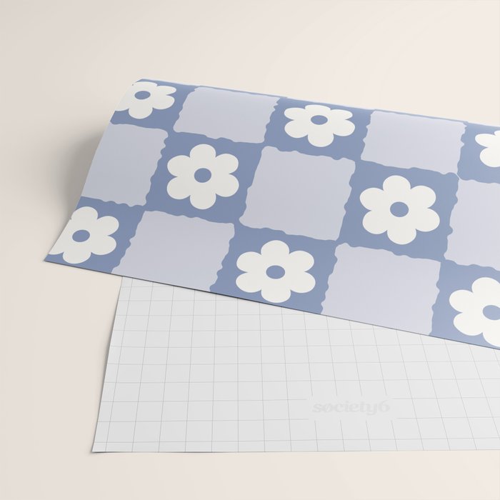 Retro Daisy Flower Checker in Blue  Wrapping Paper Gallery Image 2
