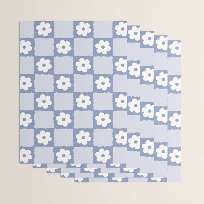 Retro Daisy Flower Checker in Blue  Wrapping Paper Gallery Image 3