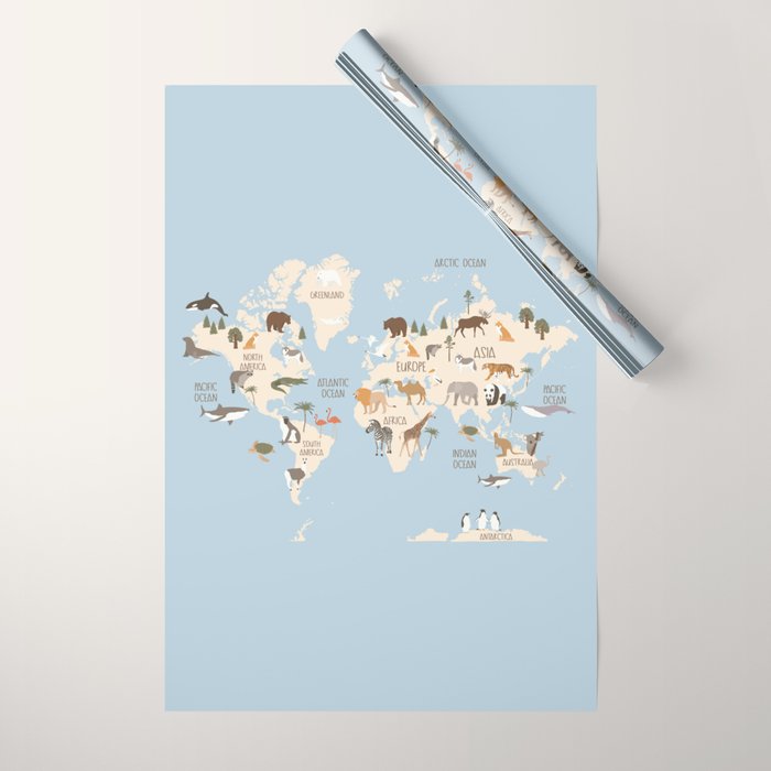 Illustrated Animal World Map Wrapping Paper Gallery Image 1