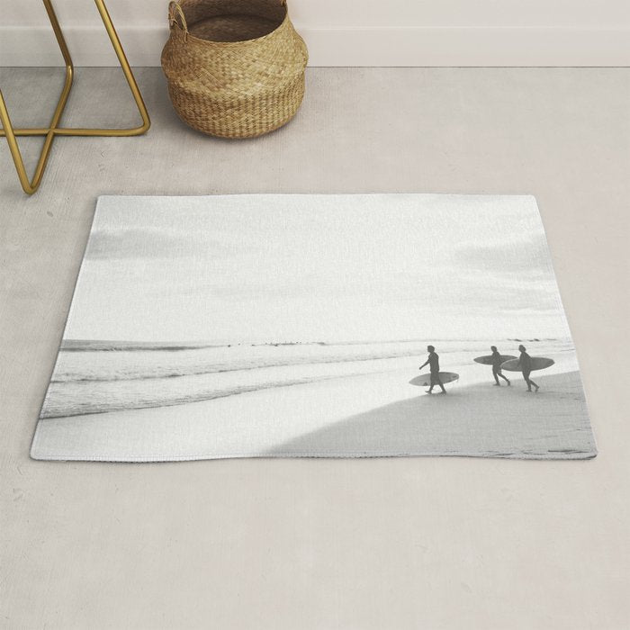 BW Surfer, Ocean Surf, California Dream, Beach Decor, Wave Surfers, Ocean Shore Rug Gallery Image 1