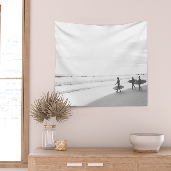 BW Surfer, Ocean Surf, California Dream, Beach Decor, Wave Surfers, Ocean Shore Wall Tapestry Gallery Image 2