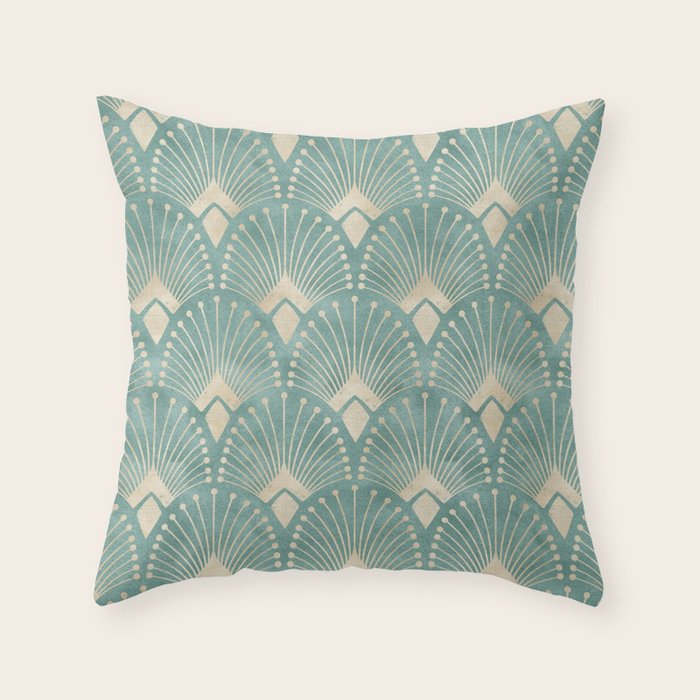 Art Deco Fans Pattern in Teal Throw Pillow Gallery Image 6