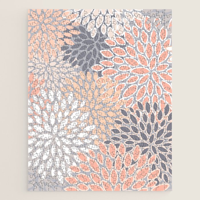 Flowers Abstract Print, Coral, Peach, Gray Jigsaw Puzzle Gallery Image 1