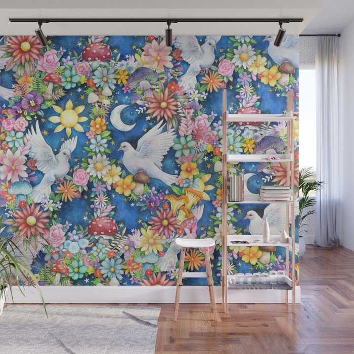Watercolor Floral PEACE Sign illustration Wall Mural Gallery Image 1