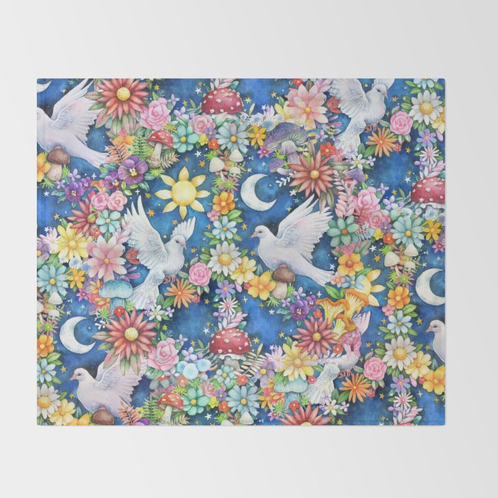 Watercolor Floral PEACE Sign illustration Throw Blanket Gallery Image 2