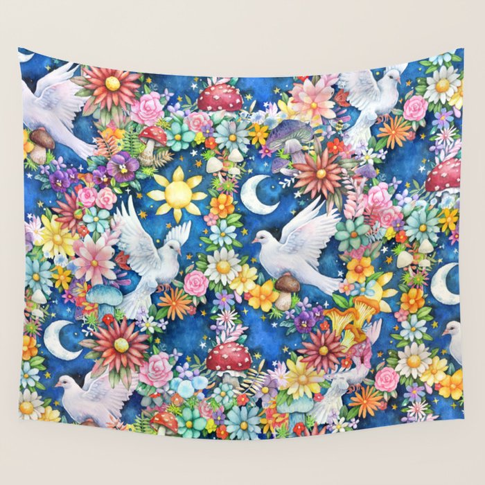 Watercolor Floral PEACE Sign illustration Wall Tapestry Gallery Image 1