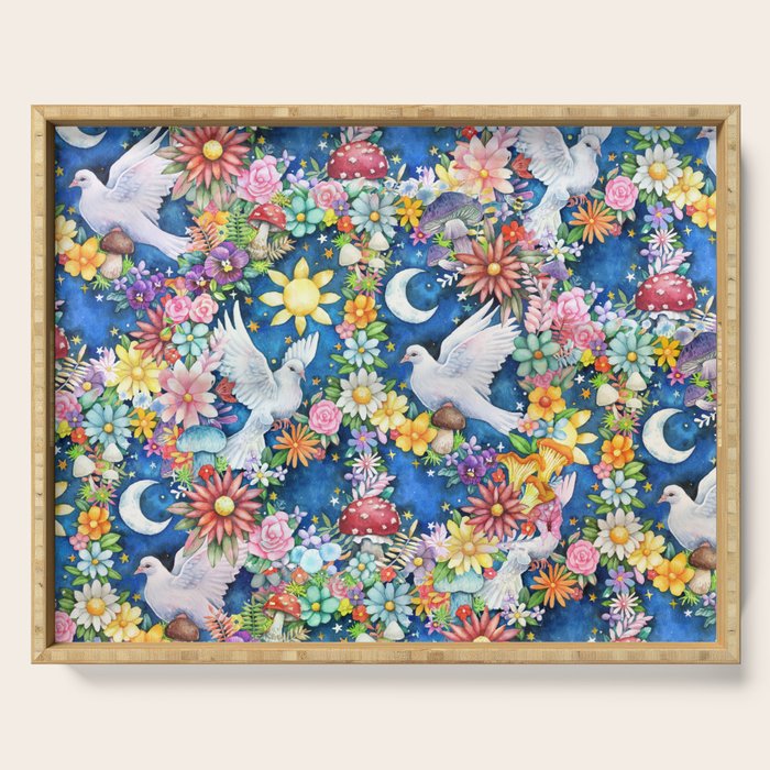 Watercolor Floral PEACE Sign illustration Serving Tray Gallery Image 1