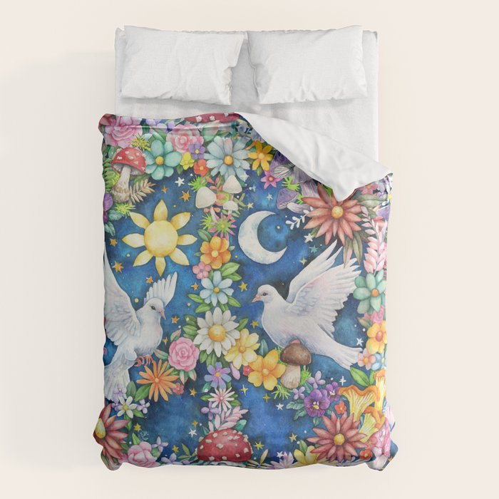 Watercolor Floral PEACE Sign illustration Duvet Cover Gallery Image 6