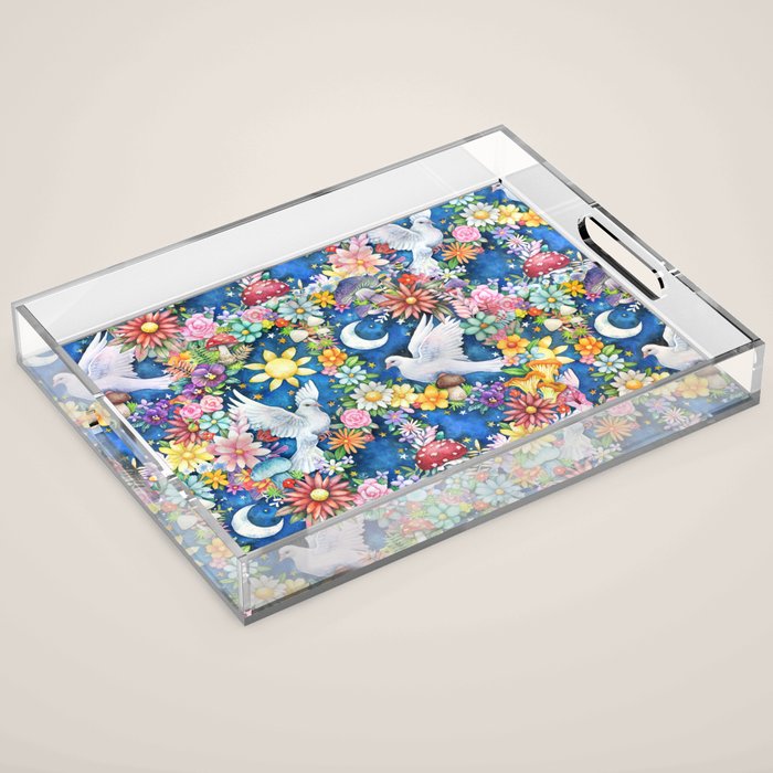 Watercolor Floral PEACE Sign illustration Acrylic Tray Gallery Image 1