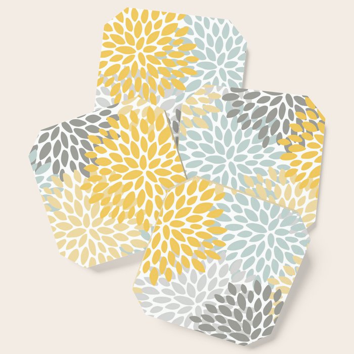 Floral Pattern, Yellow, Pale, Aqua and Gray Coaster Gallery Image 1