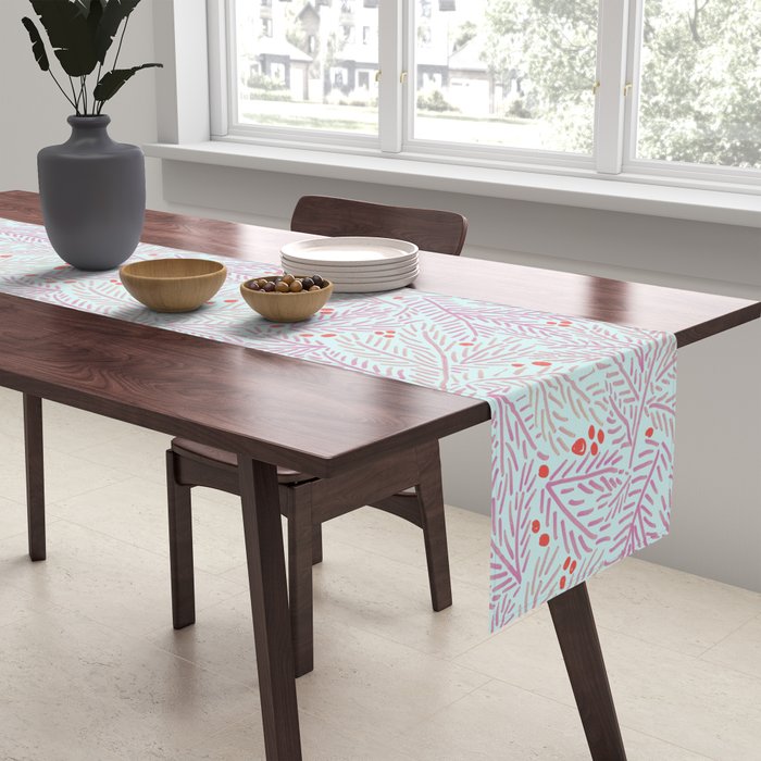 Winter Berries & Pine Branches in Teal & Pink Table Runner Gallery Image 2