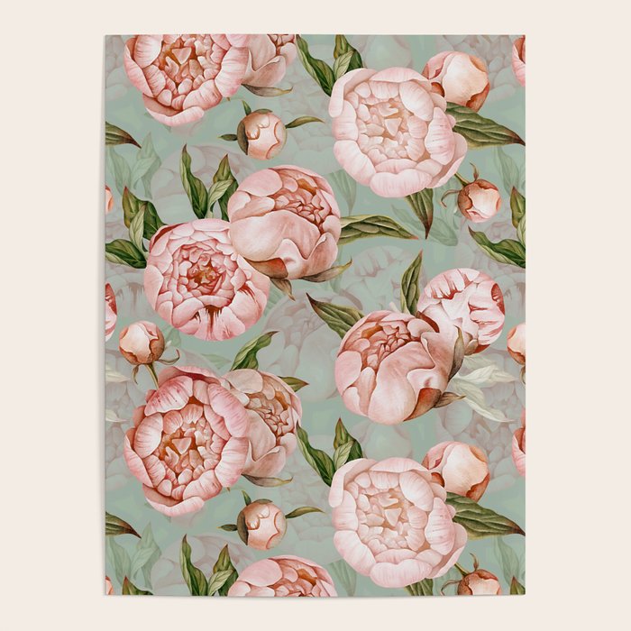 Peach Peonies Watercolor Pattern on Teal Sepia  Poster Gallery Image 4
