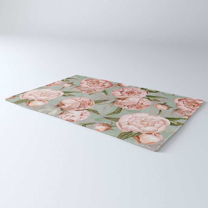 Peach Peonies Watercolor Pattern on Teal Sepia  Rug Gallery Image 3