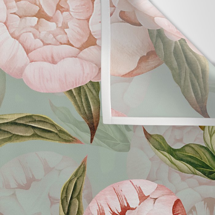 Peach Peonies Watercolor Pattern on Teal Sepia  Wall Tapestry Gallery Image 3