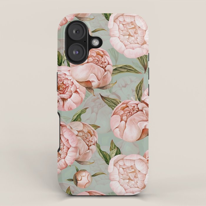 Peach Peonies Watercolor Pattern on Teal Sepia  iPhone Case Gallery Image 1