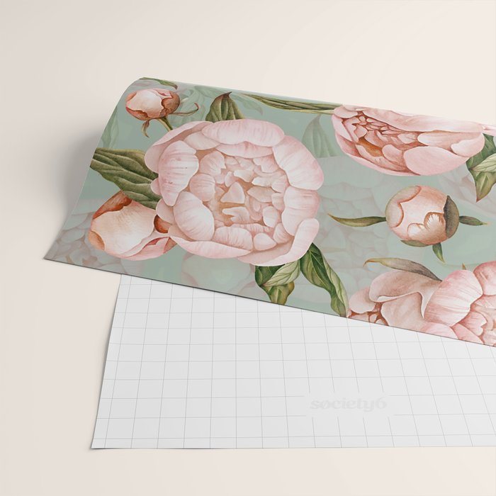 Peach Peonies Watercolor Pattern on Teal Sepia  Wrapping Paper Gallery Image 2
