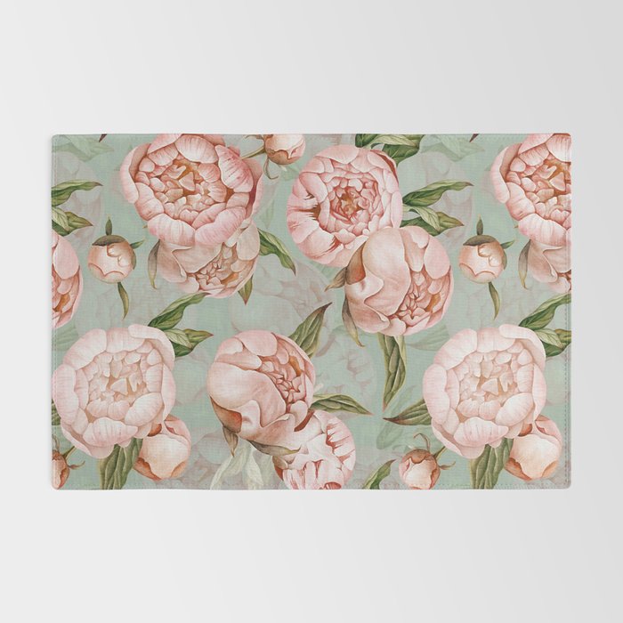 Peach Peonies Watercolor Pattern on Teal Sepia  Rug Gallery Image 2