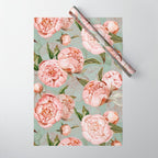 Peach Peonies Watercolor Pattern on Teal Sepia  Wrapping Paper Gallery Image 1