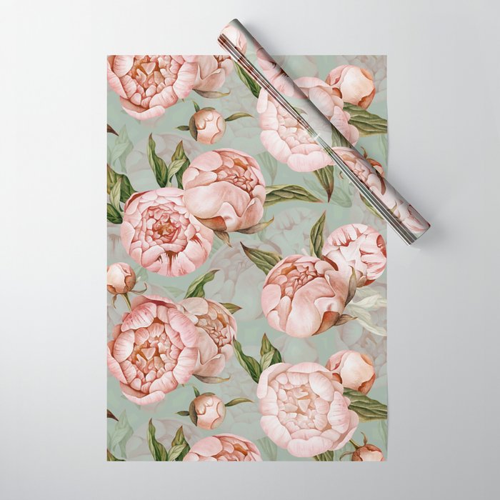 Peach Peonies Watercolor Pattern on Teal Sepia  Wrapping Paper Gallery Image 1