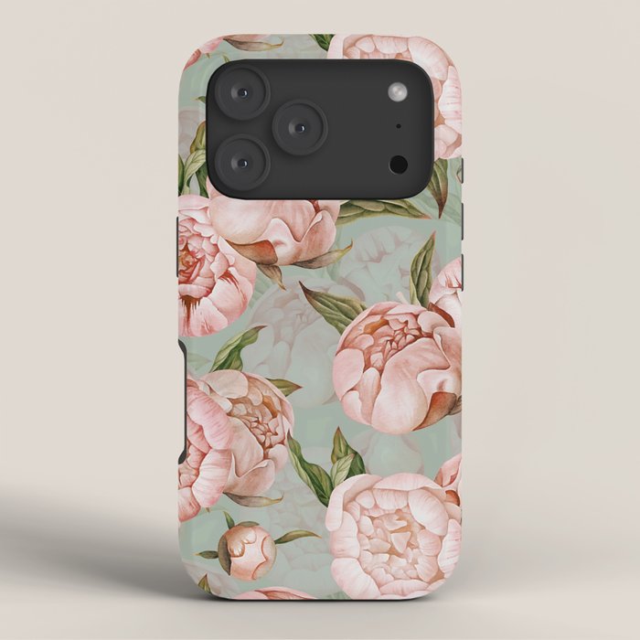 Peach Peonies Watercolor Pattern on Teal Sepia  iPhone Case Gallery Image 3