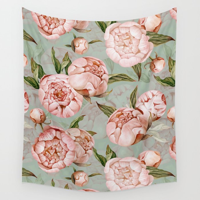 Peach Peonies Watercolor Pattern on Teal Sepia  Wall Tapestry Gallery Image 4