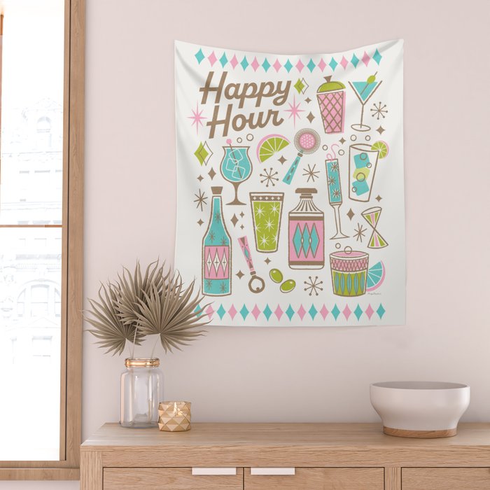Retro Mid Century Happy Hour - Pink Green and Blue Wall Tapestry Gallery Image 2