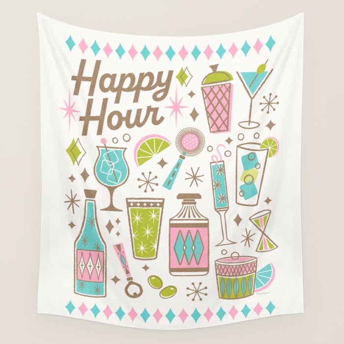 Retro Mid Century Happy Hour - Pink Green and Blue Wall Tapestry Gallery Image 1