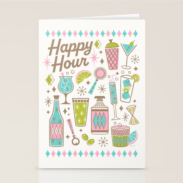 Retro Mid Century Happy Hour - Pink Green and Blue Stationery Card Gallery Image 2