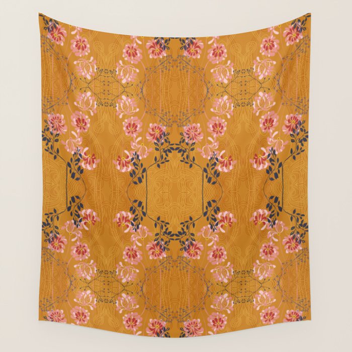 Art Nouveau floral pattern with lines - Honey Wall Tapestry Gallery Image 4