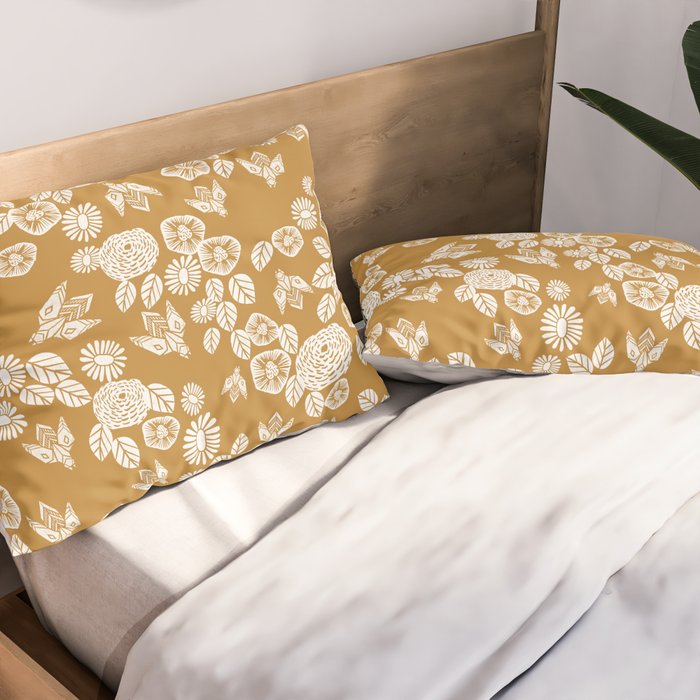 Bee Garden - linocut art, mustard, yellow, garden floral, home decor, bees, florals, flowers print Pillow Sham Gallery Image 2